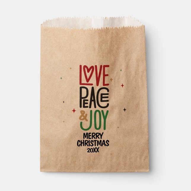 Sachets En Papier Amour, Paix et Joie - Joyeux Noël 20XX (Devant)