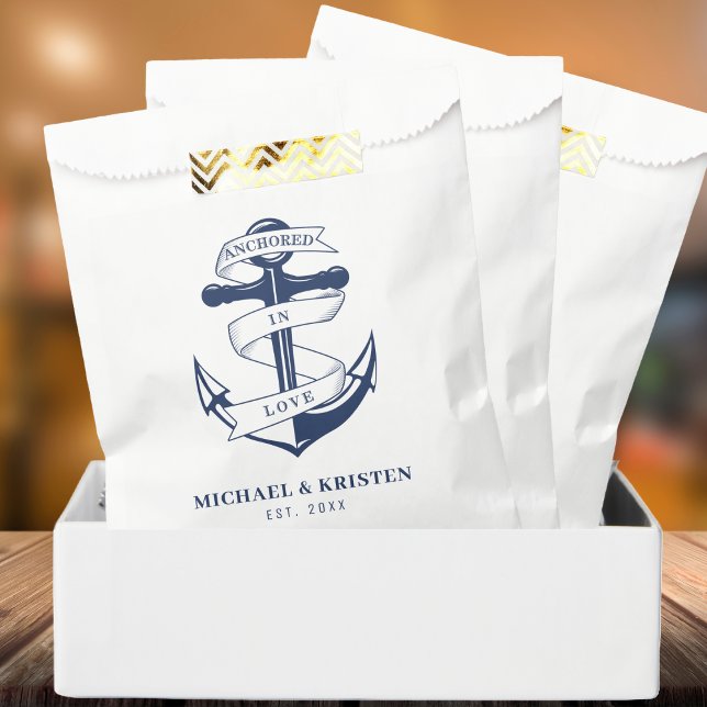 Sachets En Papier Ancré en amour Nautique Bleu Ancre Mariage (Anchored in Love Nautical Blue Anchor Wedding Favor Bag
)