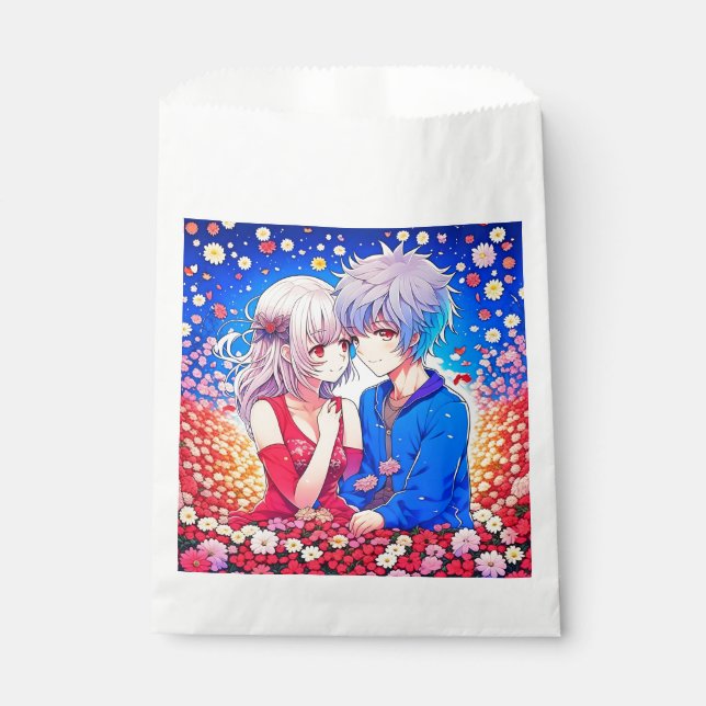 Sachets En Papier Anime Couple Love Fleurs et Coeurs (Devant)