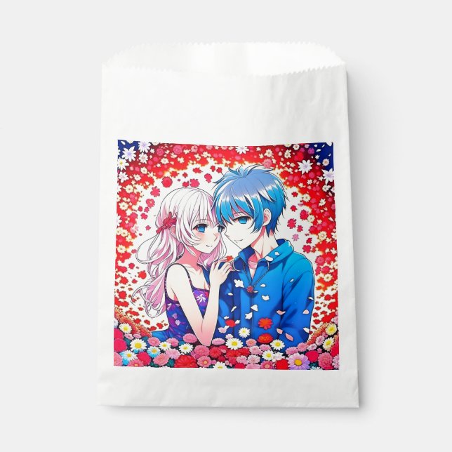 Sachets En Papier Anime Couple Mariage Floral rouge et bleu (Devant)