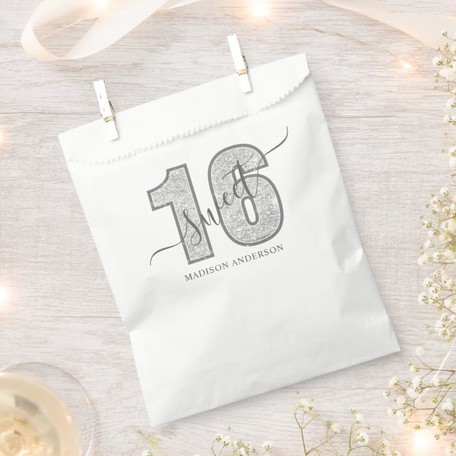 Sachets En Papier Anniversaire 16 ans écriture paillettes argentées (Coupé)
