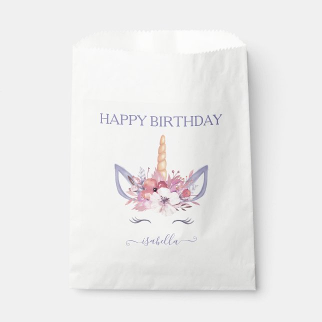 Sachets En Papier Anniversaire de l'aquarelle florale de licorne (Devant)