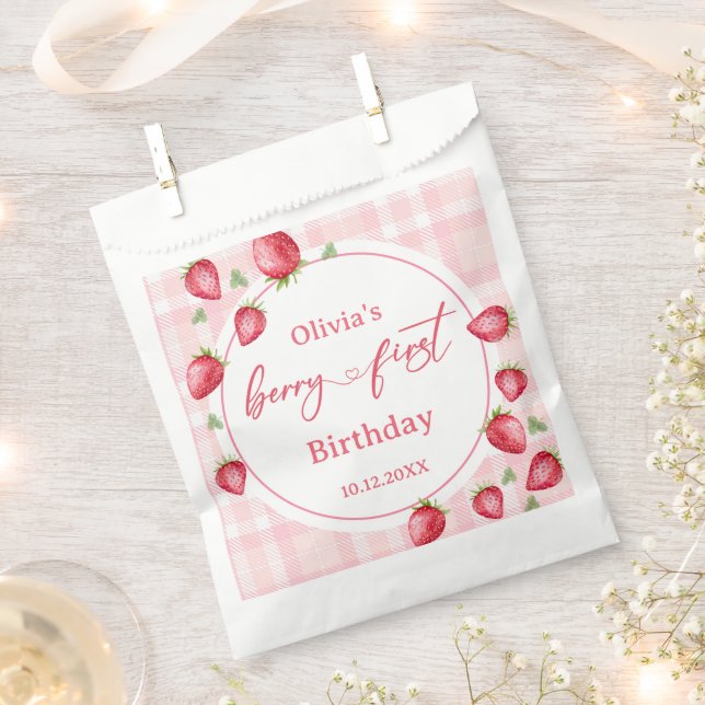 Sachets En Papier Anniversaire des fraises roses En vichy (Coupé)