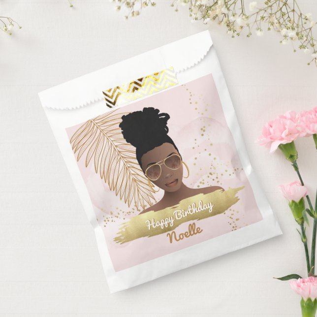 Sachets En Papier Anniversaire, Femme noire, Feuille Tropicale Or, F (Scellé)