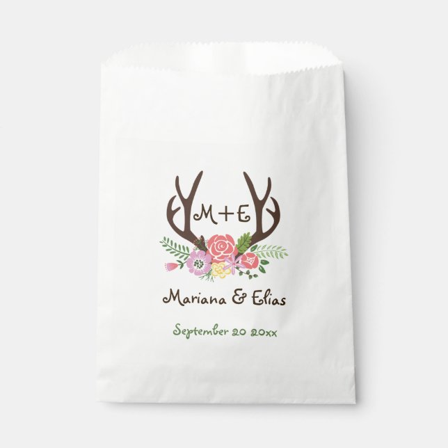 Sachets En Papier Antlers & corail rose fleurs mariage (Devant)