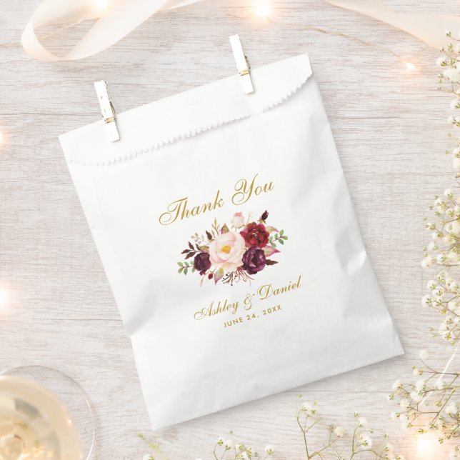 Sachets En Papier Aquarelle Floral Bourgogne Gold Mariage Merci (Coupé)