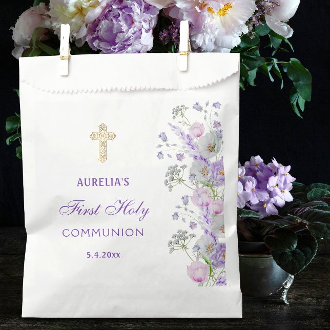 Sachets En Papier Aquarelle Lilac Fleurs Première communion (Créateur téléchargé)