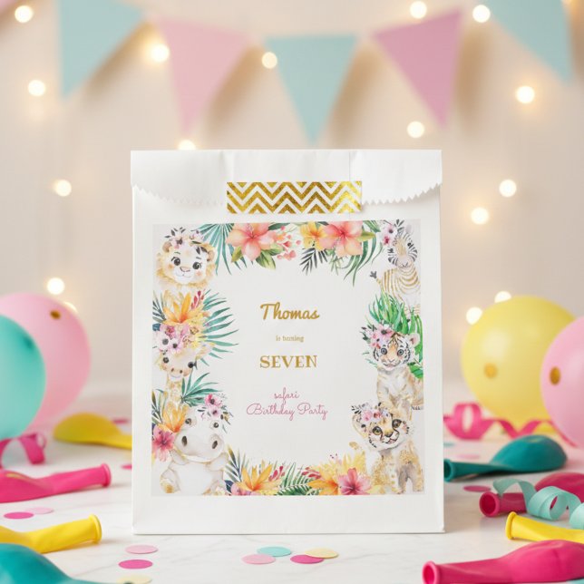 Sachets En Papier Aquarelle or anniversaire de enfant safari sauvage (Créateur téléchargé)