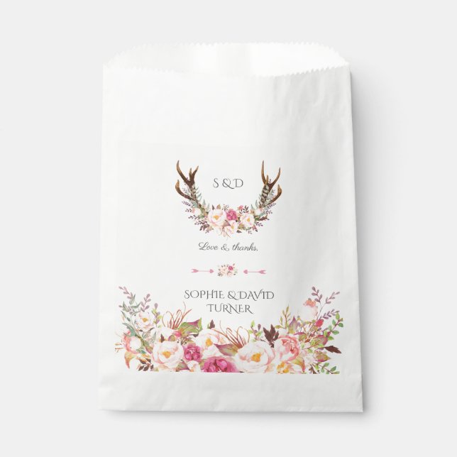 Sachets En Papier Aquarelle rose Blush Floral Antlers Mariage (Devant)