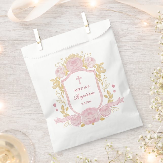 Sachets En Papier Aquarelle Rose Crest Baptême (Coupé)