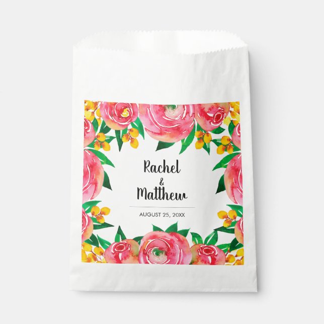 Sachets En Papier Aquarelle rose et jaune Mariage floral serviettes (Devant)