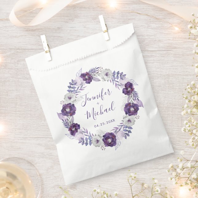 Sachets En Papier Aquarelle violette et argent Mariage de couronnes  (Coupé)