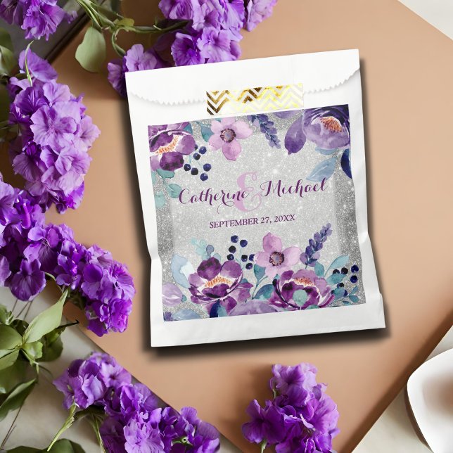 Sachets En Papier Aquarelle violette Floral et Mariage Parties scint (Flat lay mauve luxe glam bloom with watercolor lavender pansy floral silver glitter Favor Bag
)