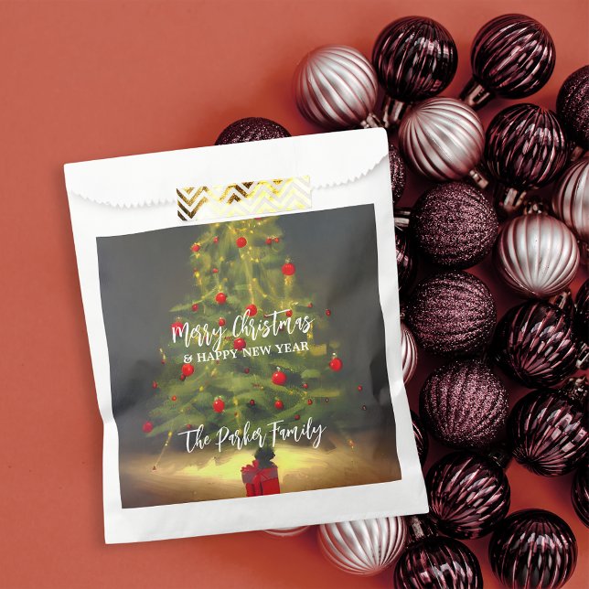 Sachets En Papier Arbre de Noël classique avec balles rouges sur gri (Créateur téléchargé)