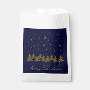Sachets En Papier Arbre de Noël en or brillant, lune, étoiles sur bl