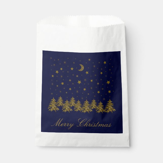 Sachets En Papier Arbre de Noël en or brillant, lune, étoiles sur bl (Devant)