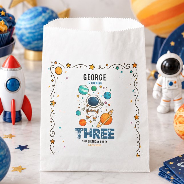 Sachets En Papier Aventure spatiale 3e anniversaire | Espace pour le (Space Adventure 3rd Birthday | Outer Space for Kid Favor Bag)