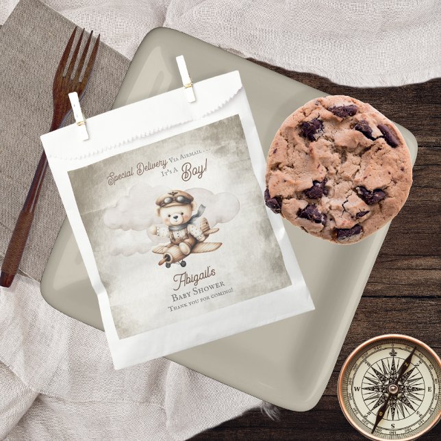 Sachets En Papier Avion Teddy Bear Baby shower de livraison spécial (Cute "Special Delivery Via Airmail . . . It's A Boy!" Teddy Bear | Airplane Baby Shower Favor Bags)