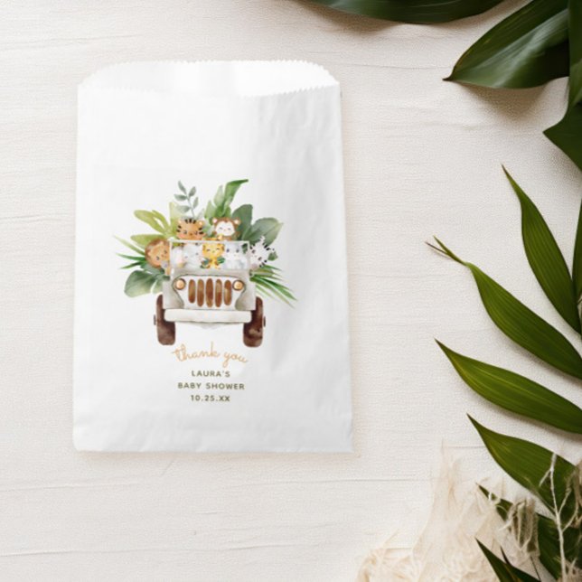 Sachets En Papier Baby shower animal Safari neutre pour les femmes M (thank you bag for a safari baby shower with tropical leaves and jungle animals in a car)