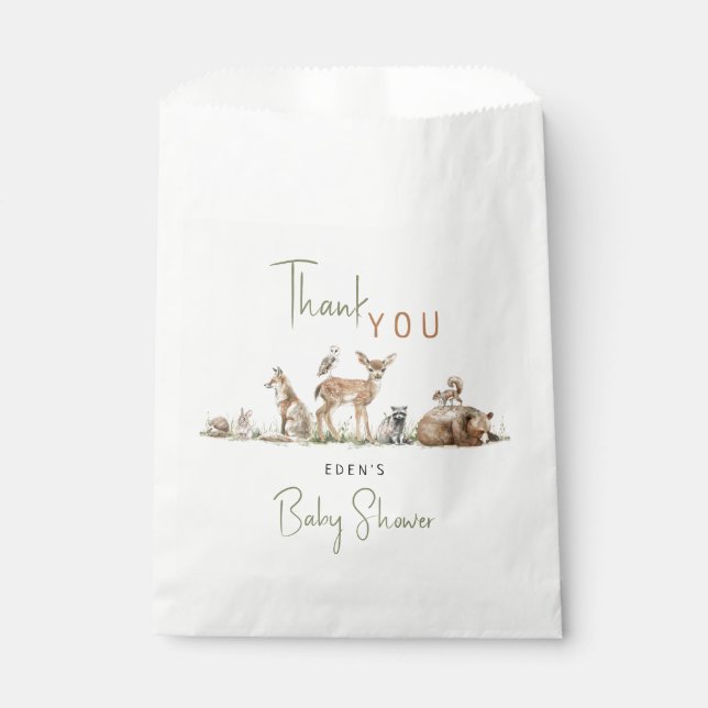Sachets En Papier Baby shower Animaux Bois Avec Nom Merci (Devant)