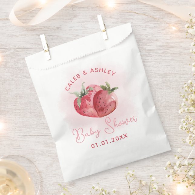 Sachets En Papier Baby shower aux fraises roses (Coupé)