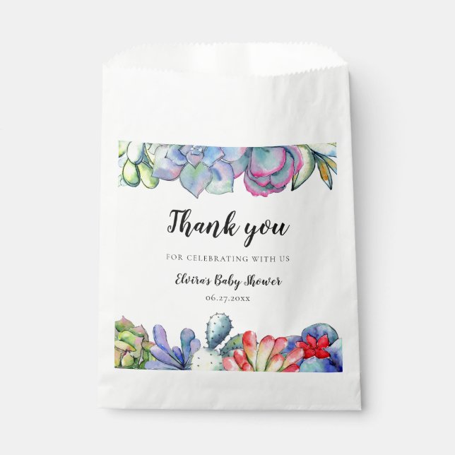 Sachets En Papier Baby shower d'aquarelle de cactus succulent (Devant)
