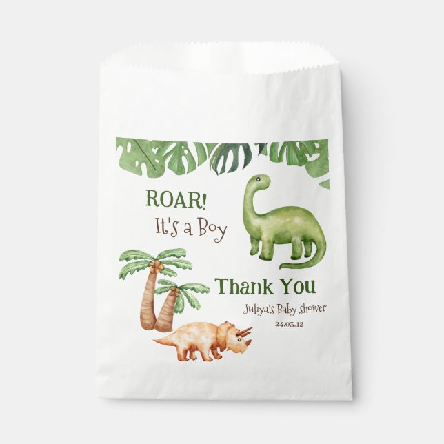 Sachets En Papier Baby shower de dinosaure tropical (Devant)