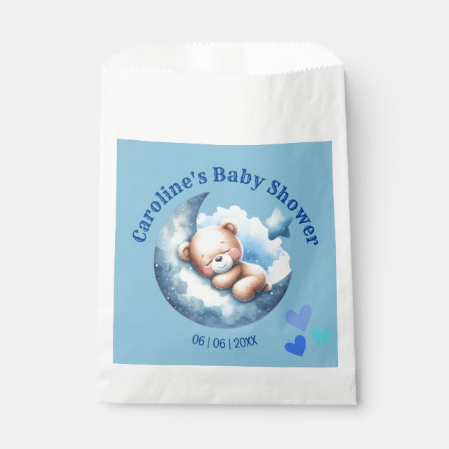 Sachets En Papier Baby shower de lune de croissant d'ours bleu migno (Devant)