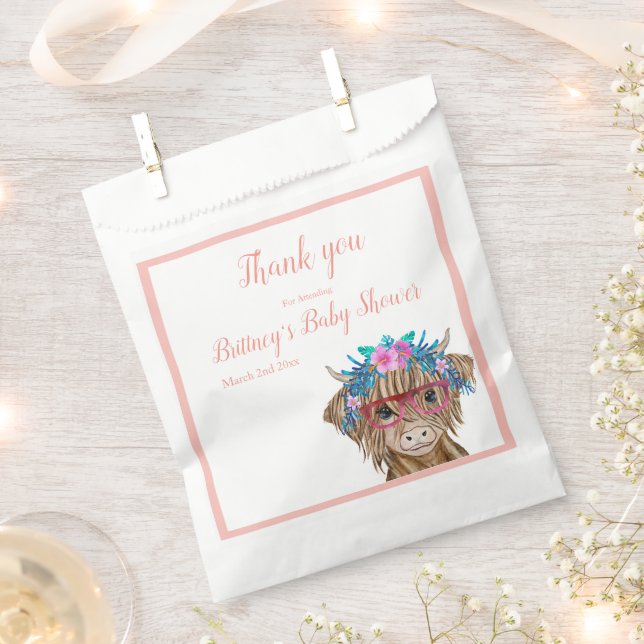 Sachets En Papier Baby shower de vache, Vache Highland, Fille (Coupé)