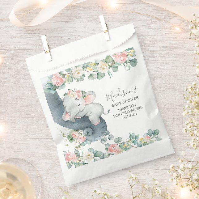 Sachets En Papier Baby shower Fille Eléphant Rose Floral Anniversair (Coupé)