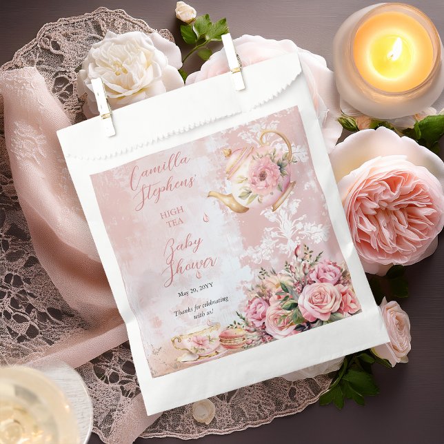 Sachets En Papier Baby Shower Fille Tasse de Thé Élégant Rose Floral (Elegant Pink Roses Floral High Tea Teapot and Teacup Girl Baby Shower Favor Bags)