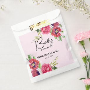 Sachets En Papier Baby shower Fleurs rouges roses modernes sur rose