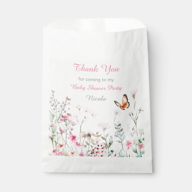 Sachets En Papier Baby shower floral de papillon rose profond du pri (Devant)