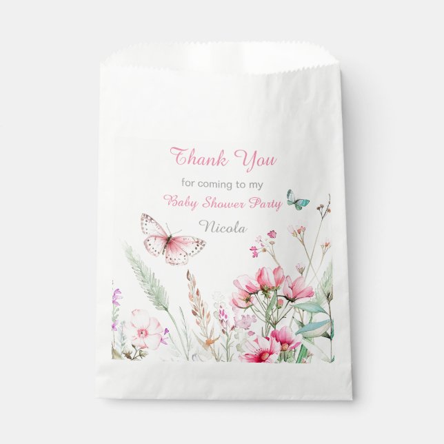 Sachets En Papier Baby shower floral papillon rose printanier (Devant)