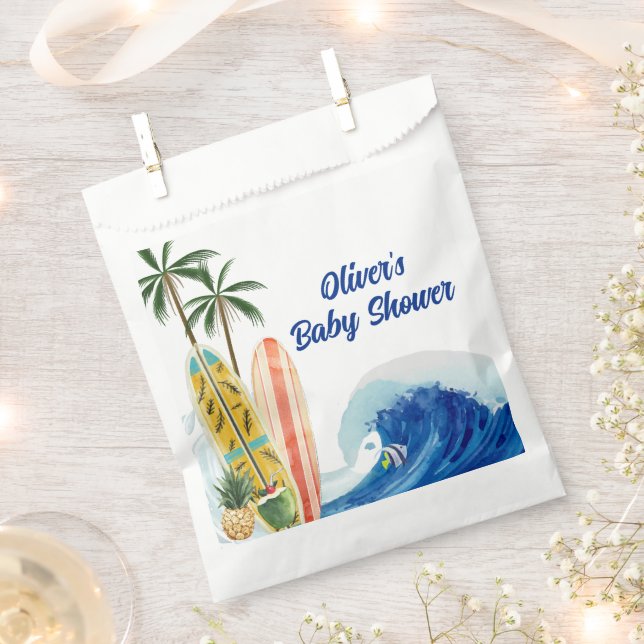 Sachets En Papier Baby shower moderne Blue Ocean Wave Surboard (Coupé)