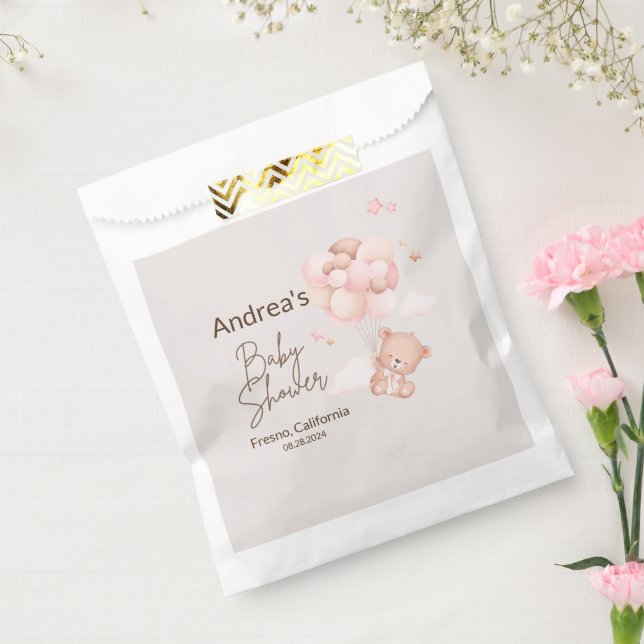 Sachets En Papier Baby shower Ours et ballons roses (Scellé)