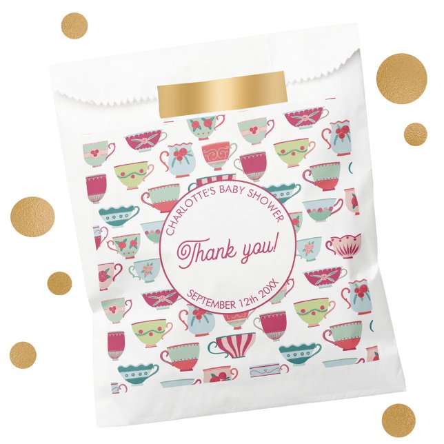 Sachets En Papier Baby shower Retro Tea Party (Vintage retro tea party baby shower favor bags with custom text)
