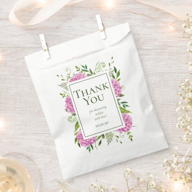Sachets En Papier Baby shower rose Hydrangeas fille Merci (Coupé)