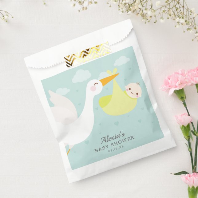 Sachets En Papier Baby shower Unisex de bloc jaune cigogne (Scellé)