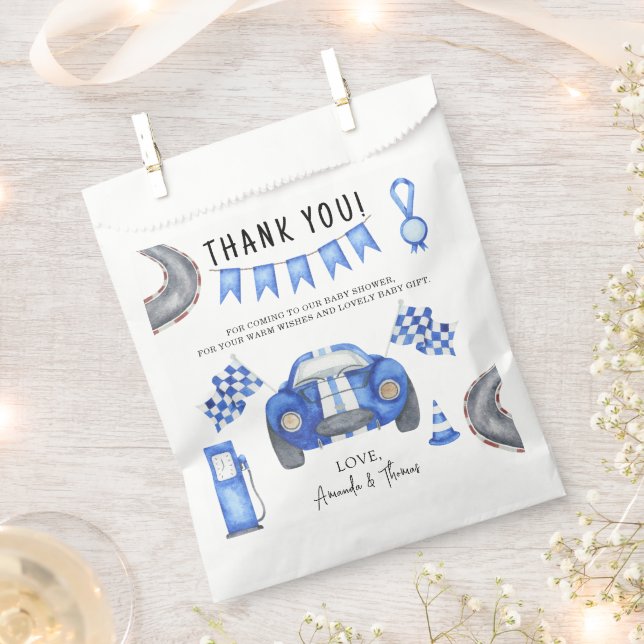 Sachets En Papier Baby-Shower voiture de course - merci (Coupé)