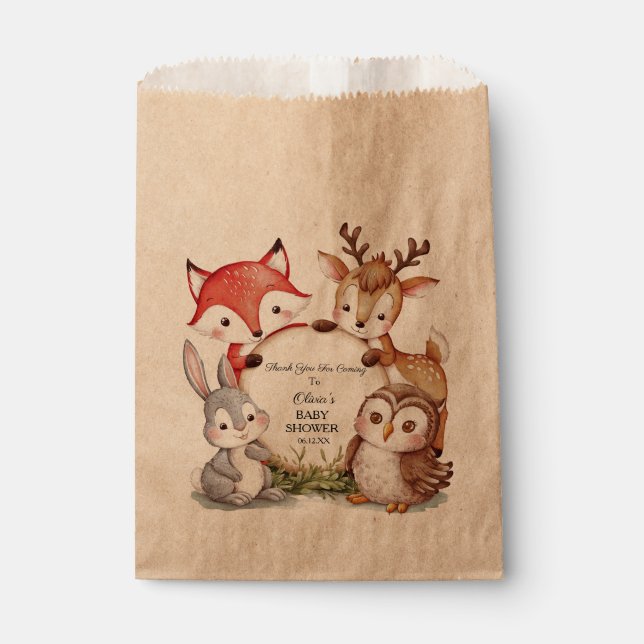 Sachets En Papier Baby shower Woodland personnalisé Bêtes Animaux (Devant)