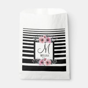 Sachets En Papier Bandes noires et blanches Monogramme floral rose