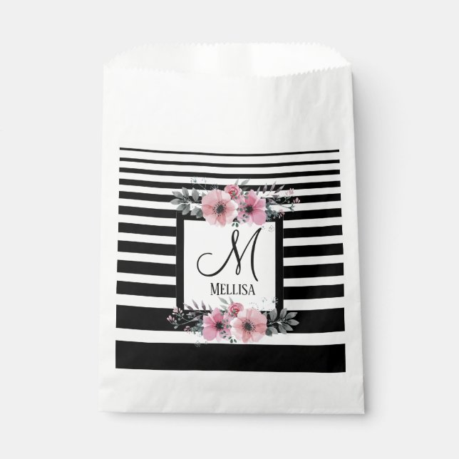 Sachets En Papier Bandes noires et blanches Monogramme floral rose (Devant)