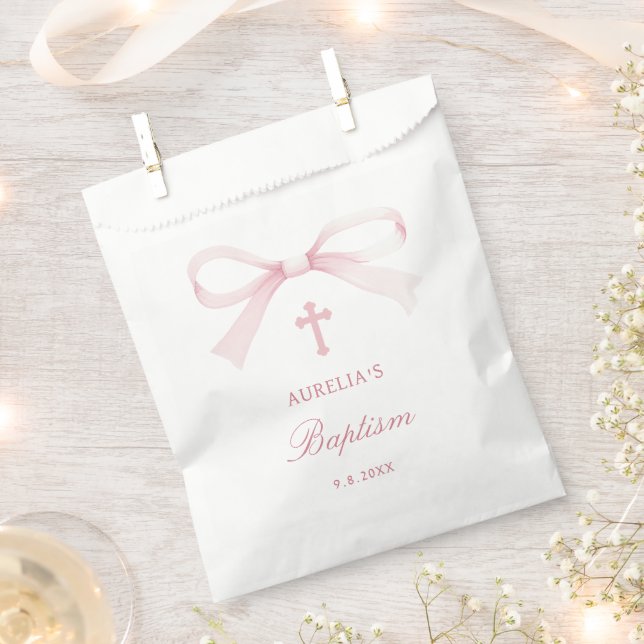 Sachets En Papier Baptême à l'aquarelle rose ruban (Coupé)