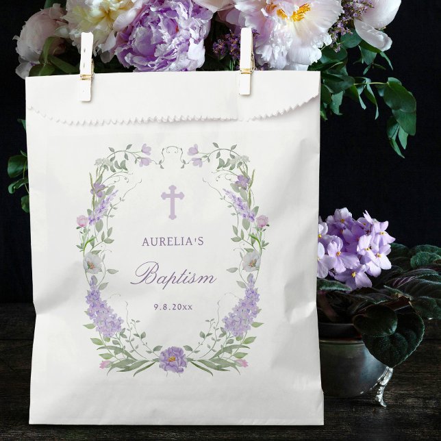 Sachets En Papier Baptême du cadre de lavande de Lilac floral (Créateur téléchargé)
