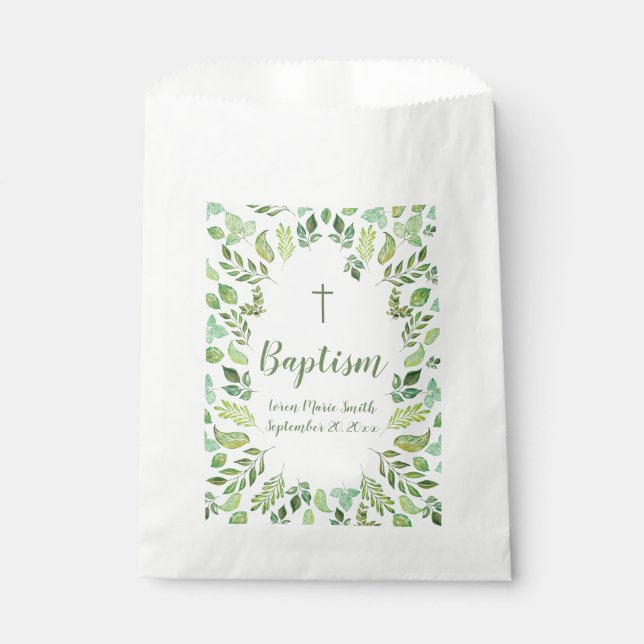 Sachets En Papier Baptême Floral Vert Sac Faveur Personnalisé (Devant)