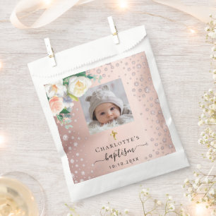 Sachets En Papier Baptême photo personnalisée rose or fille florales
