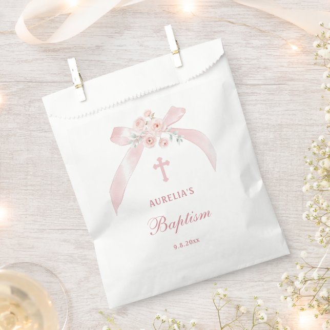 Sachets En Papier Baptême Ruban Rose Floral (Coupé)