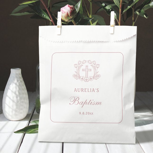 Sachets En Papier Baptême simple de croix rose florale (Créateur téléchargé)