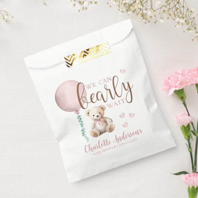 Sachets En Papier Bearly Wait Pink Teddy Bear Baby shower Favoriser  (Scellé)